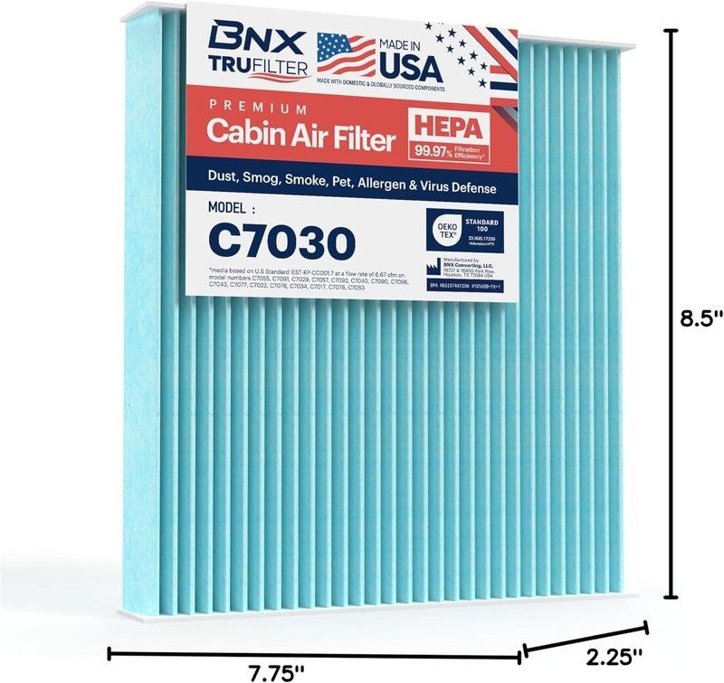 BNX TruFilter C7030 Cabin Air Filter, HEPA 99.97%, MADE IN USA, Compatible With Nissan: Altima, Maxima, Murano, Sentra; Infiniti: FX35, FX45, G35, G37, M45, Q45; Mitsubishi: Lancer, Outlander Sport - Image 2